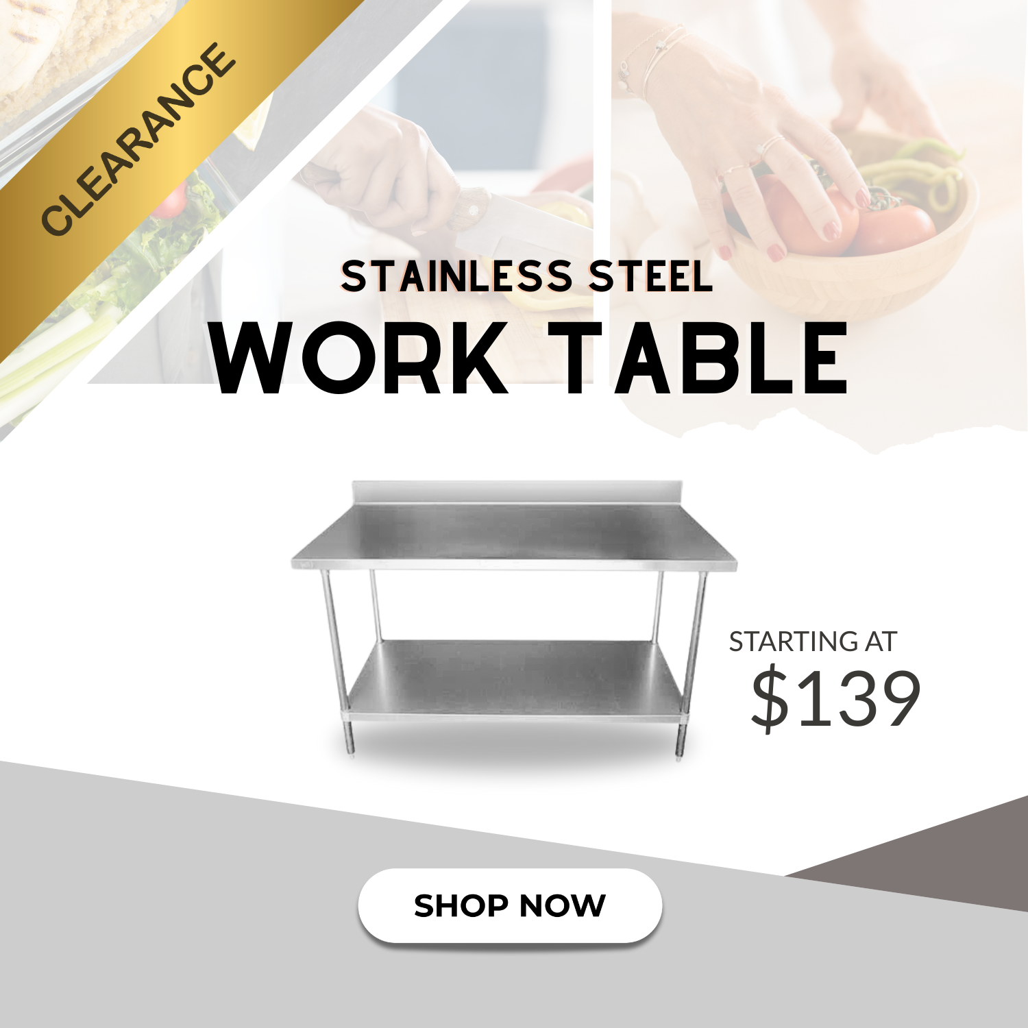 Stainless steel work table clearance sale. Shop now.